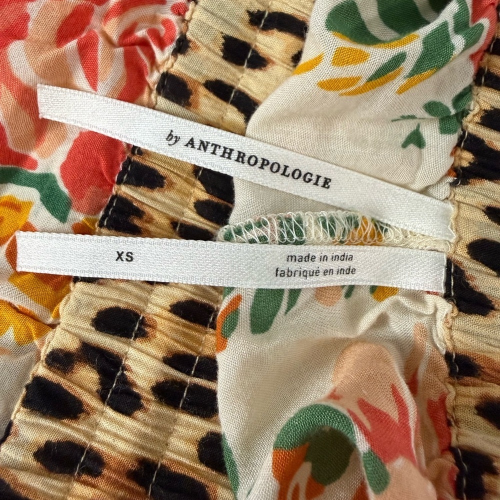 Anthropologie Floral Pants Leopard Trim Boho Crop Tie Hem Statement XS - Picture 6 of 10